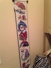 Needlepoint beach theme bell pull  (black & white lamp - display light only - not for sale)