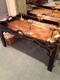 Black Asian coffee table (large brass scones on top)