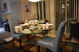 China, Tea Mugs, Chargers, Aqua Vase, Iridescent Butter Dish and Tray