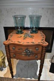 Antique Painted Cabinet-Table and Two Aqua Vases