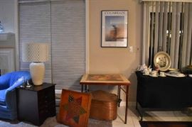 Game Table with Games inside, Lamp, Game Board, Copper Kettle, Floral Cardboard Table, Dishes