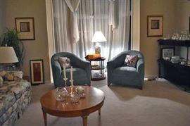 Chairs, Sofa, Glassware, Asian Lamp