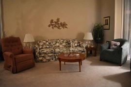 Living room Brent Sofa, Table, Planter, Framed Prints, Chairs, Rose Bowl, Waterford Candle and Vintage Crystal Holder, Throw Pillows