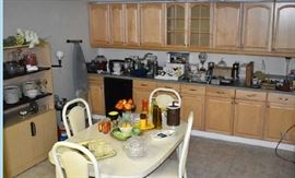 Formica Table, Chairs, Sunbeam Mixer, George Foreman Grill, Silverware, Thermos, Bowls, Dishes, Ironing Board, Iron, More