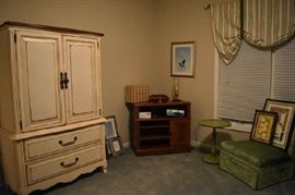 Armoire in Beige by Drexel, Bedroom Chair, Light, Art, Round Table, TV Antennas
