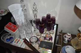 Purple Stemware, Waterford Pilsners Coasters, Napkin Rings, Ginger Jar, Lamp, Tea Cart