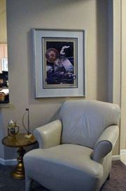 Sealy Leather Chair and Framed Car Art Round Table 