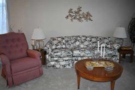 Brent Sofa, Lazy-Boy Rocker, Round Wood Table with pull out, Glass Lamps, End Tables, Wall Decoration