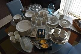Overview of China, Chargers, Irridescent Platter & Butter, Aqua Wine, Serving Pieces
