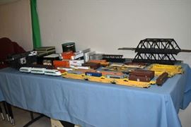 Train cars tram bldgs