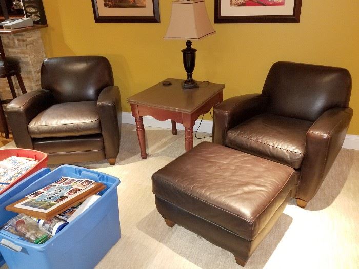 Leather chairs and ottoman (2 matching ottomans, coffee table and sofa table) (lamp not available)