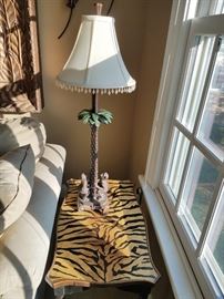 Tiger print accent tables. Pair of monkey lamps