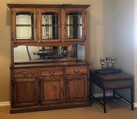 Oak Hutch w Leaded Glass Doors and Mirrored Back, End Table, Candle Holder