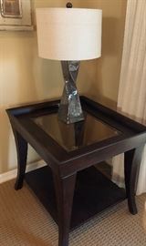 Glass Inset End Tables (2), Twisted Base Pottery Table Lamps (2) 