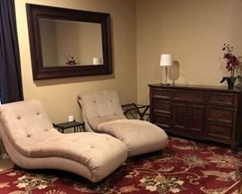 Upholstered Chaise (2), Small Side Table, Broyhill Area Rug, Faux Orchid, Luggage Rack, Table Lamp, Broyhill Dresser (mirror not shown)