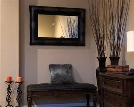 Decorative Wall Mirror, Broyhill Bench, Pair Candle Holders w Candles, Tall Metal Vases (2)