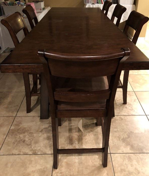 X-Long Pub Table w 6 Chairs (Leaves on ends can be removed to shorten table)