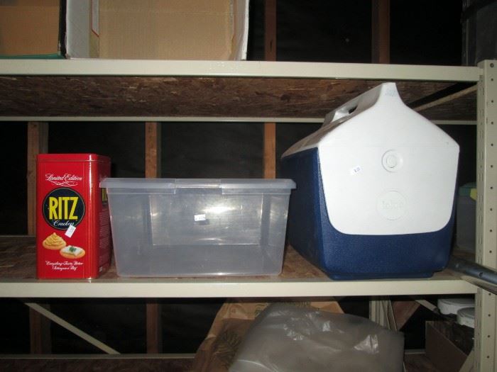 Garage:  Igloo Cooler, Storage Bins, Tin