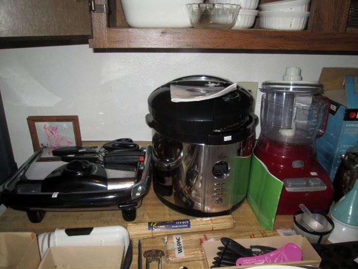 Kitchen:  (Like New) Electric Grill, Bistro Pressure Cooker, WolfGang Puck Food Processor (Bistro)