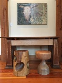 Custom Made Paulus Designed Computer Desk with Inlay, Wood Stools, Steven Royster Oil on Board