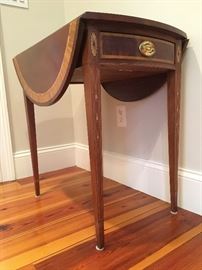 Stickley Pembroke Mahogany Drop Leaf End Tables with Drawer and Medallion and Bell Flower Inlay