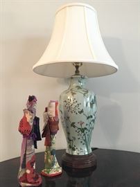 Pale Blue Lamp with Bird Motif, WWII Japanese Dolls
