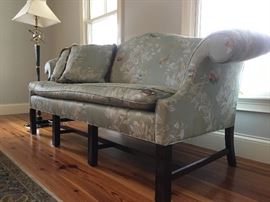 Stickley Rolled Arm Camelback Sofa in a Whimsical Upholstery with Bird Motif 