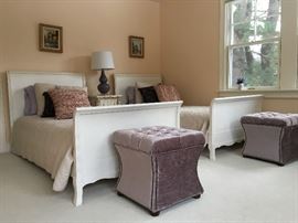 Twin Sleigh Beds, Tufted Vanity Stools 