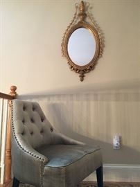 Accent Chair with Tufted Back and Nailhead Trim, Antique Style Gilt Mirror