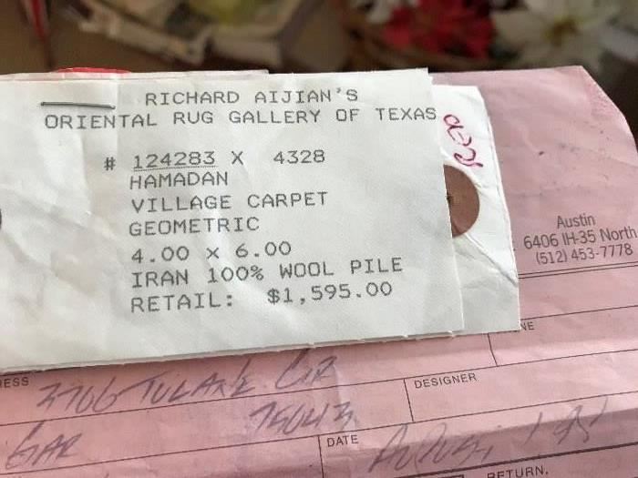 Receipt for Iranian Rug bought in 1998