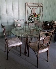 Glass table chairs and baker's rack