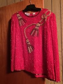 Laurence Kazar Red beaded silk top--size L
