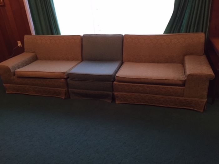 3 piece Mid-Century sofa.  Arm sides are green, middle is blue.