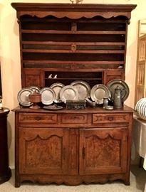 18th c. French pewter cupboard shown with large pewter collection.