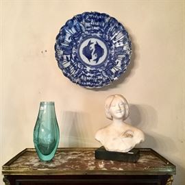 Alabaster bust with Chinese acid etched vase and Asian Charger.
