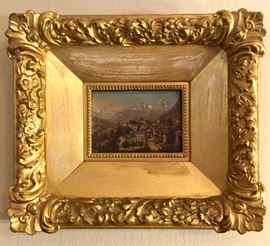 19th c. European oil on wood panel in gilt frame.