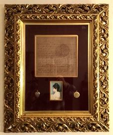 19th c. love poem custom framed with miniature painting and two lockets in gilt frame.