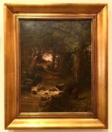 19th c. oil on canvas, landscape with boy fishing.