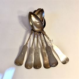 Set of six J. J. Kull 19th c. coin silver spoons, St. Louis maker.