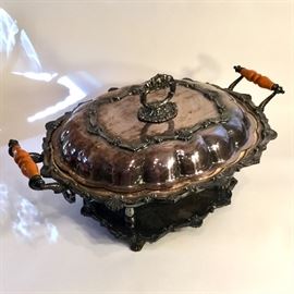 Large silver plate chaffing dish with under tray.