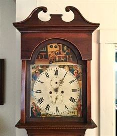 English or Scottish tall case clock with handpainted face with the four seasons and "The Cotter's Saturday Night".
