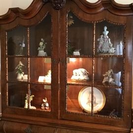 Large  19th c. Dutch walnut Bombe Vitrine Cabinet showing Boehm collection.