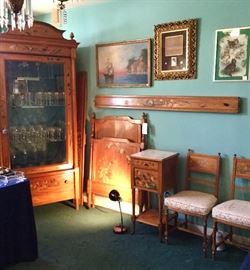 Hand-painted European Cottage-ware bedroom suite. Includes: Tall glass door cabinet, small bed, bedside table and two side chairs. 