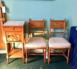Hand-painted European Cottage-ware bedroom suite. Includes: Tall glass door cabinet, small bed, bedside table and two side chairs. 