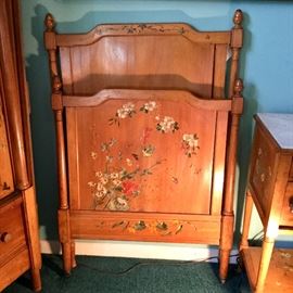 Hand-painted European Cottage-ware bedroom suite. Includes: Tall glass door cabinet, small bed, bedside table and two side chairs. 