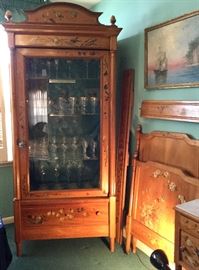 Hand-painted European Cottage-ware bedroom suite. Includes: Tall glass door cabinet, small bed, bedside table and two side chairs. 