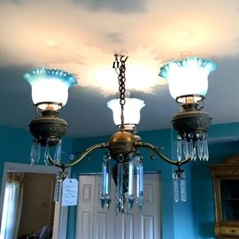 Antique Victorian light fixture with blue shades.