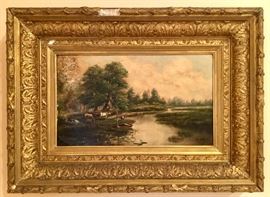 19th c. pastoral oil on canvas in wide victorian frame. 
