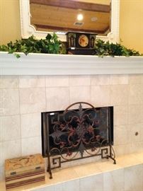 Fire screen; decorative box; mantel clock; large mirror
