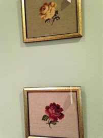 Small framed needlepoint roses